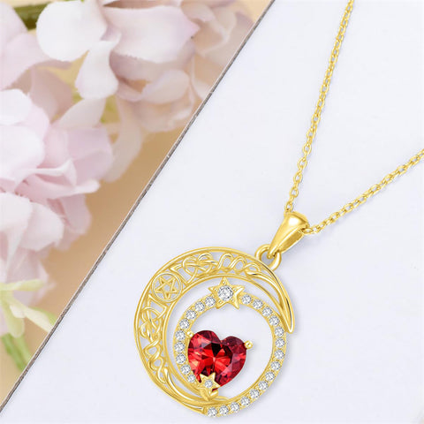 10K 14K 18K Gold Heart Birthstone Moon and Star Pendant  Necklace for Women
