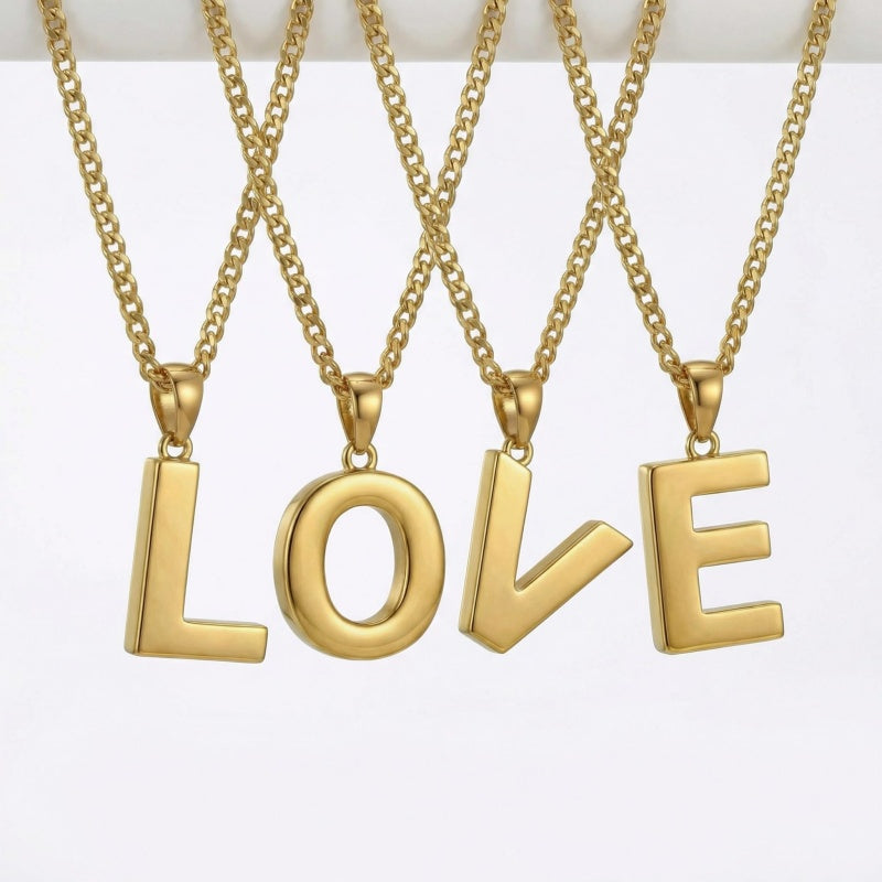 Initial Pendant Necklace 14K Gold Plated with Cuban Chain