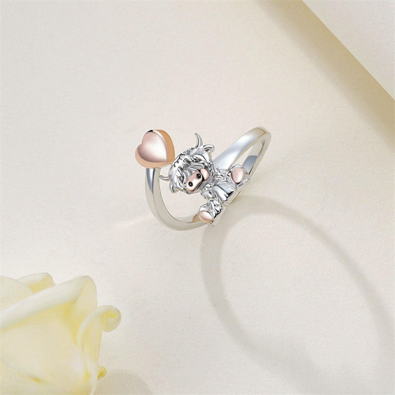 Highland Cow Open Ring 925 Sterling Silver Adjustable Cute Cow Open Rings with Loving Heart Cow Jewelry Gift for Women Girls