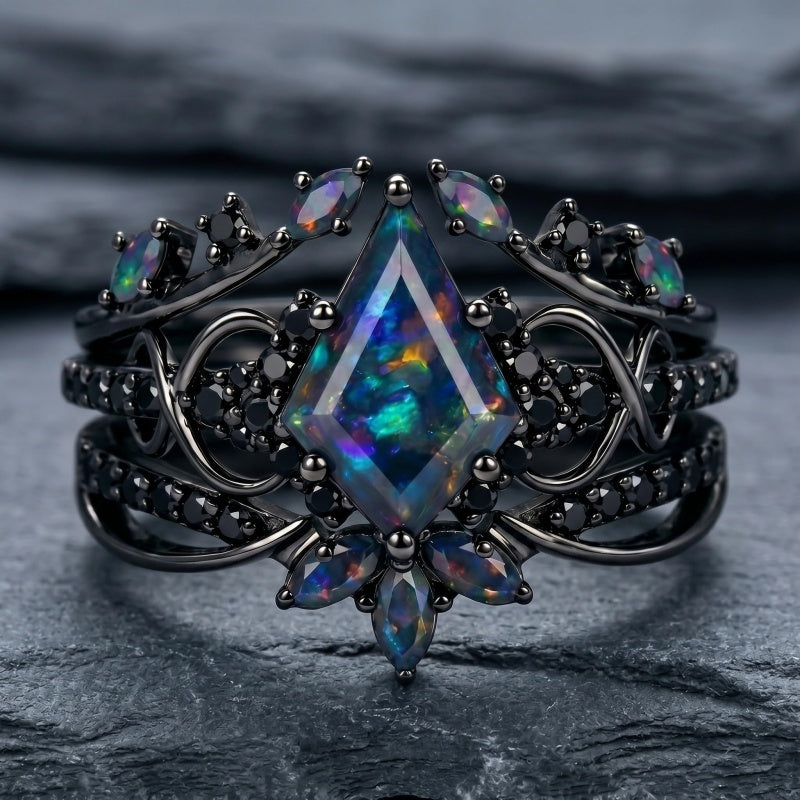 Sterling Silver 10K  14K  18K  Gold Personalized Engraved Black Opal Engagement Wedding Promise Ring for Her