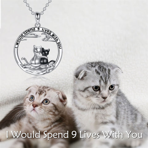 Sterling Silver Cat Pendant Necklace Engraved WithI Would Spend 9 Lives with You