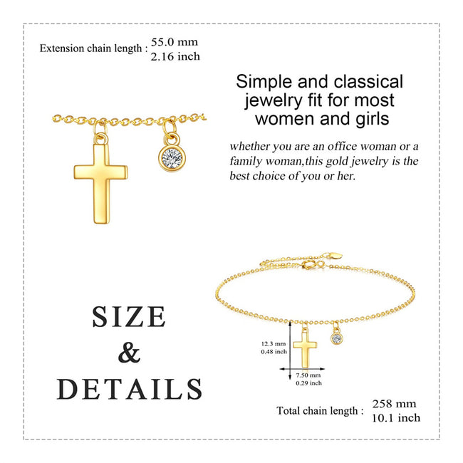 14k Gold Cross Ankle Bracelets Yellow Gold Religious Cross Anklets Fine Gold Adjustable Link Chain Anklet Jewellery Gifts for Women Girls