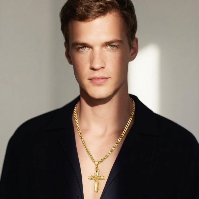 Cross Pendant Necklace for Men 14K Gold Plated Minimalist Christian Jewelry Religious Gift