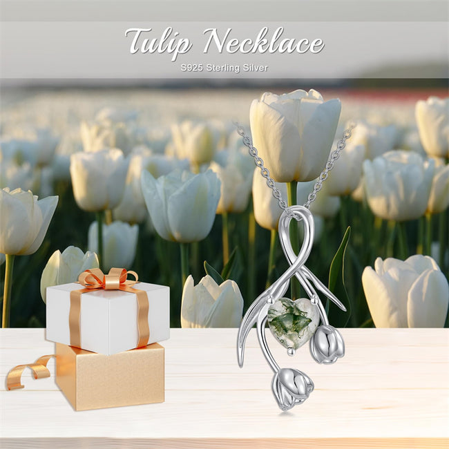 Tulips Flower Necklace for Women Sterling Silver Moss Agate Jewelry for Mother's Day Birthday