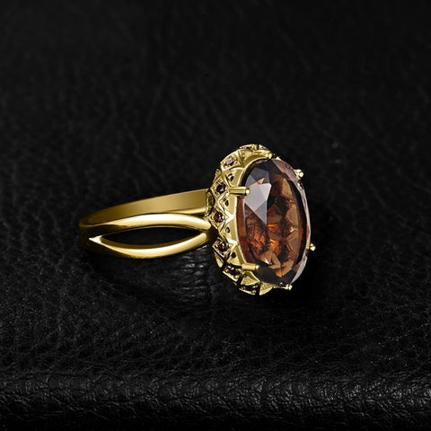 14K Gold Plated  Oval Shape 3.7CT Genuine Smoky Quartz Cocktail Rings for Her