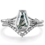 Sterling Silver 10K 14K 18K Gold 2CT Moss Agate Vine Leaf Women's Bridal Ring Sets for Wedding Engagement