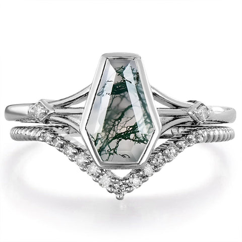 Sterling Silver 10K 14K 18K Gold 2CT Moss Agate Vine Leaf Women's Bridal Ring Sets for Wedding Engagement