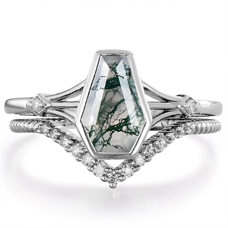 Sterling Silver 10K 14K 18K Gold 2CT Moss Agate Vine Leaf Women's Bridal Ring Sets for Wedding Engagement
