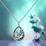 Sterling Silver Turquoise Filigree Lotus Flower Dragonfly Pendant Necklace