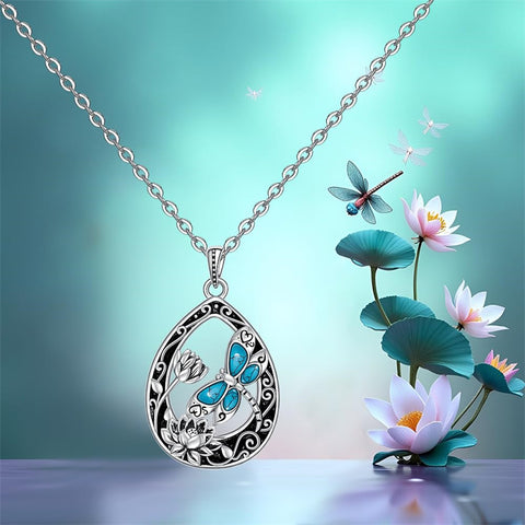 Sterling Silver Turquoise Filigree Lotus Flower Dragonfly Pendant Necklace