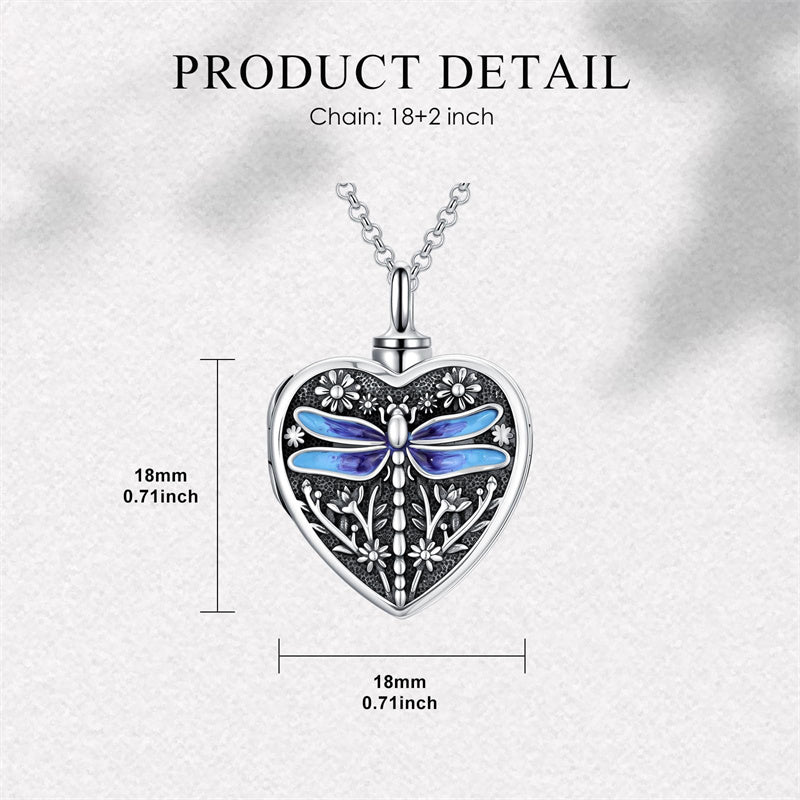 Sterling Silver Personalized Photo Engraved Heart Dragonfly Urn Locket Necklace for Ashes