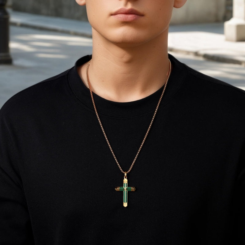 14K Gold Plated Turquoise Malachite Cross Necklace for Men Christianity Cross Jewelry