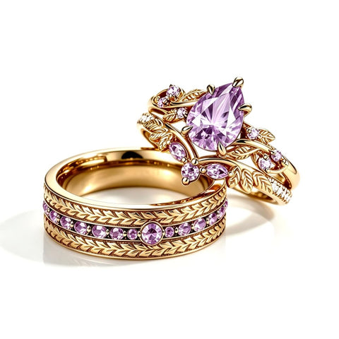 Sterling Silver 10K 14K 18K Gold Purple Gemstone Amethyst  Rings Set Couple Promise Rings Wedding Anniversary Rings