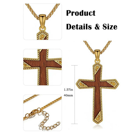 14K Gold Plated Wooden Cross Pendant Necklace Christian Catholic Jewelry Religious Gift