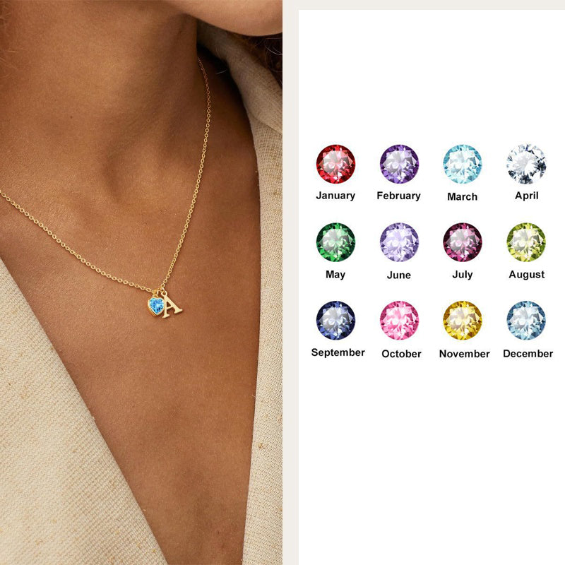 14K Gold Plated Initial A-Z Heart Birthstone Letter Necklace