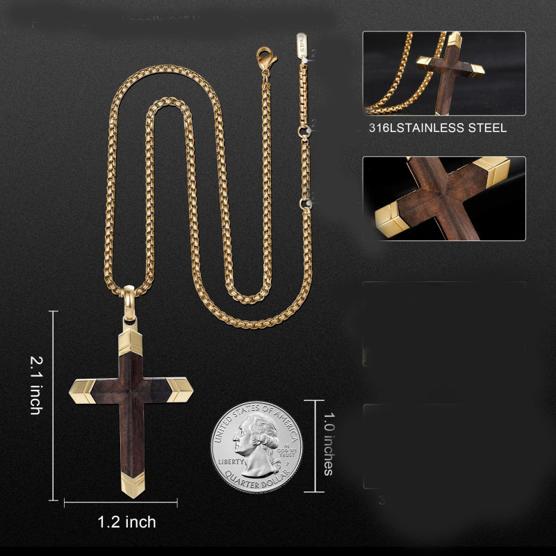 14K Gold  Plated Wooden Cross Crucifix Pendant Necklace for Men