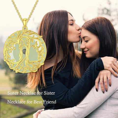 14k Gold Plated Sterling Silver Round Jade Tree of Life Necklace Good Fortune Jewelry for Women