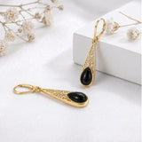 14K Gold Plated Black Onyx Tree of Life  Leverback Earrings Christmas Birthday Gift