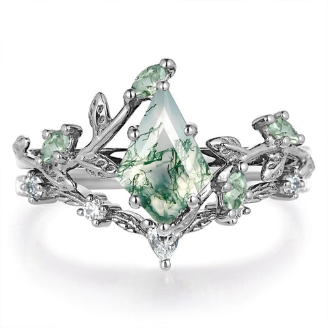 Sterling Silver 10K 14K 18K Gold 2CT Moss Agate Vine Leaf Women's Bridal Ring Sets for Wedding Engagement