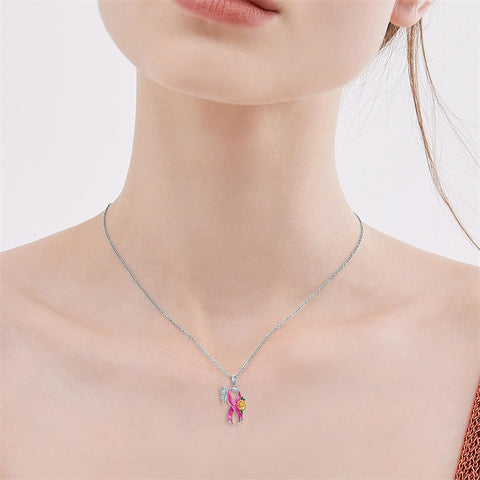 Sterling Silver Butterfly Glove Fight Sunflower Pink Ribbon Pink Breast Cancer Awareness Pendant Necklace