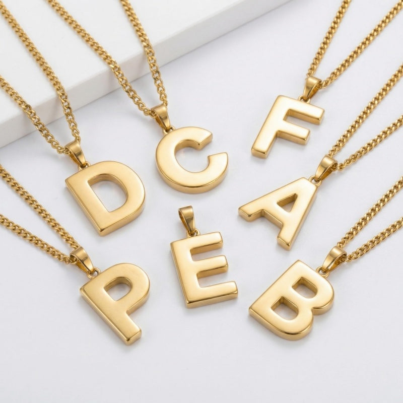 Initial Pendant Necklace 14K Gold Plated with Cuban Chain