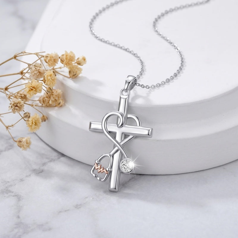 14K Gold Plated  Birthstone Stethoscope Cross Necklace Graduation Gifts for Women RN