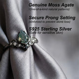 Sterling Silver 10K 14K  18K Gold Personalized Engraved Moss Agate Gothic Promise Wedding Engagement Black Ring Set