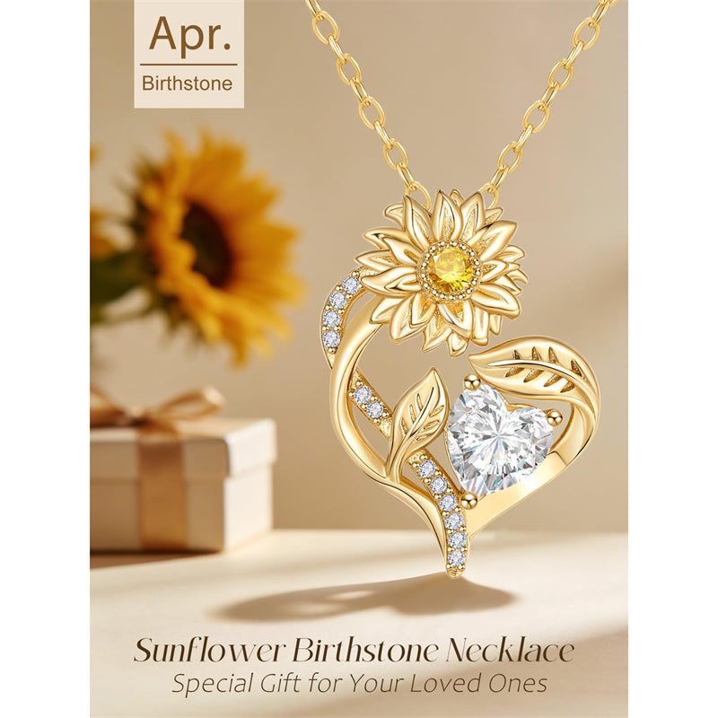 Sterling Sliver Birthstone Love Heart & Sunflower Pendant Necklace Engraved With You Are My Sunshine
