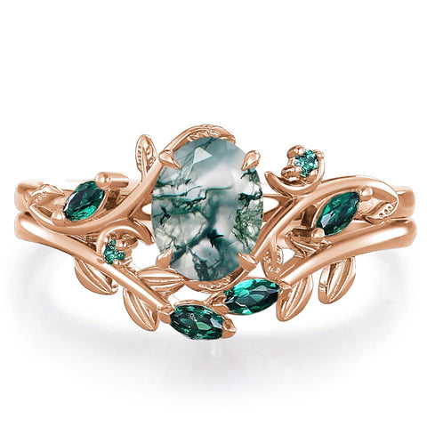 Sterling Silver 10K 14K 18K Gold 2CT Moss Agate Vine Leaf Women's Bridal Ring Sets for Wedding Engagement
