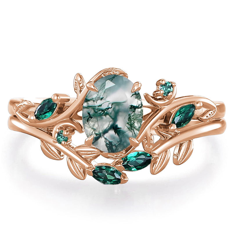 Sterling Silver 10K 14K 18K Gold 2CT Moss Agate Vine Leaf Women's Bridal Ring Sets for Wedding Engagement