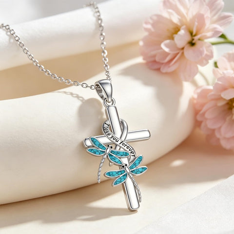 Sterling Silver  Hummingbird Blue Jay Dragonfly Butterfly Cross Necklace Engraved with I Love You Forever