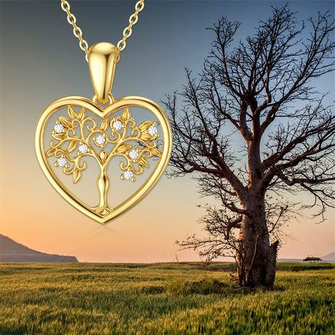 14K Solid Yellow Gold Tree of Life Necklace Dainty Pendant Necklace with Moissanite, Heart Necklace in 18 Inch for Women