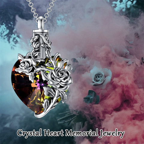 Sterling Silver Heart TearDangle Crystal Rose Cremation Urn Necklace for Ashes
