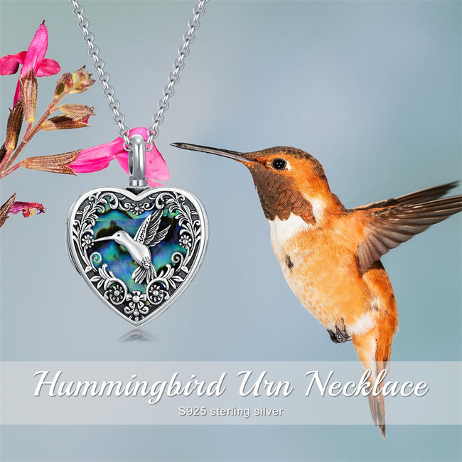 Hummingbird Urn Locket Necklace for Ashes Sterling Silver Pictures Heart Photo Necklace Abalone Shell Cremation Jewelry