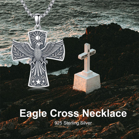 Sterling Silver Eagle Cross Religious Pendant Necklace