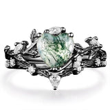 Sterling Silver 2CT Moss Agate  Engagement Wedding Ring Sets for Women