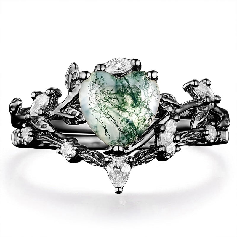 Sterling Silver 2CT Moss Agate  Engagement Wedding Ring Sets for Women