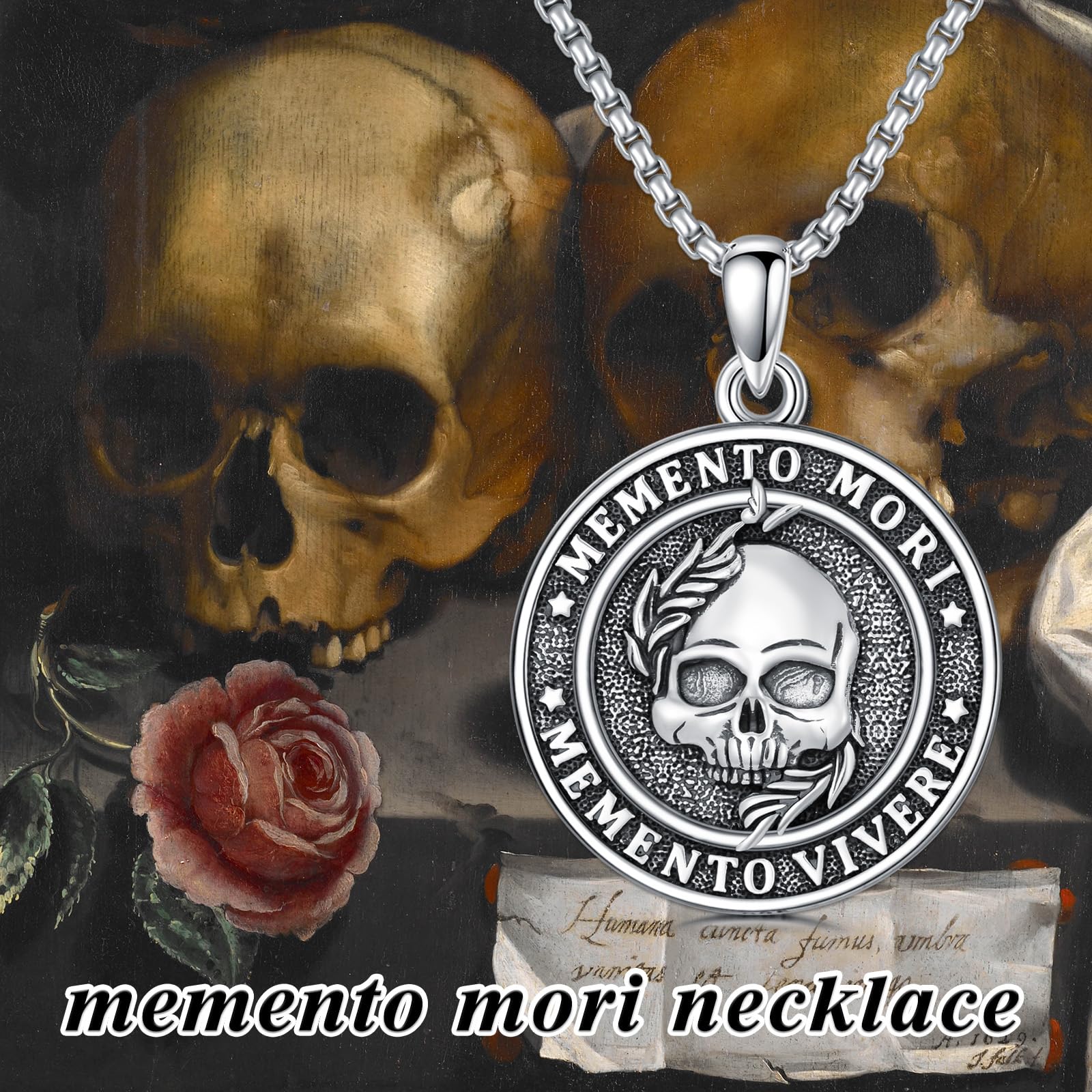 Sterling Silver Gothic Skull Memento Mori Pendant Necklace with Engrav ...