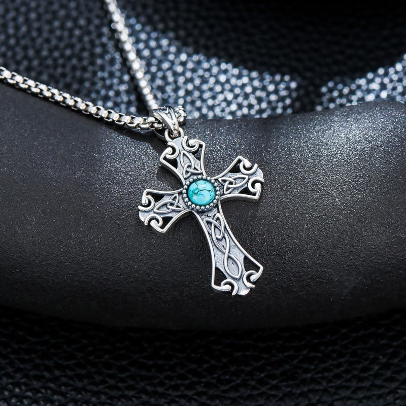 14K Gold Plated Turquoise Cross Pendant Necklace