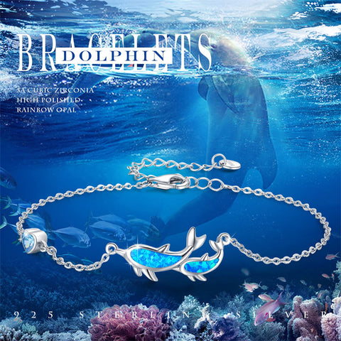 Dolphin Bracelets 925 Sterling Silver with Fire Blue Opal Dolphin Adjustable Charm Bracelets Cute Animal Ocean Beach Nautical Jewelry