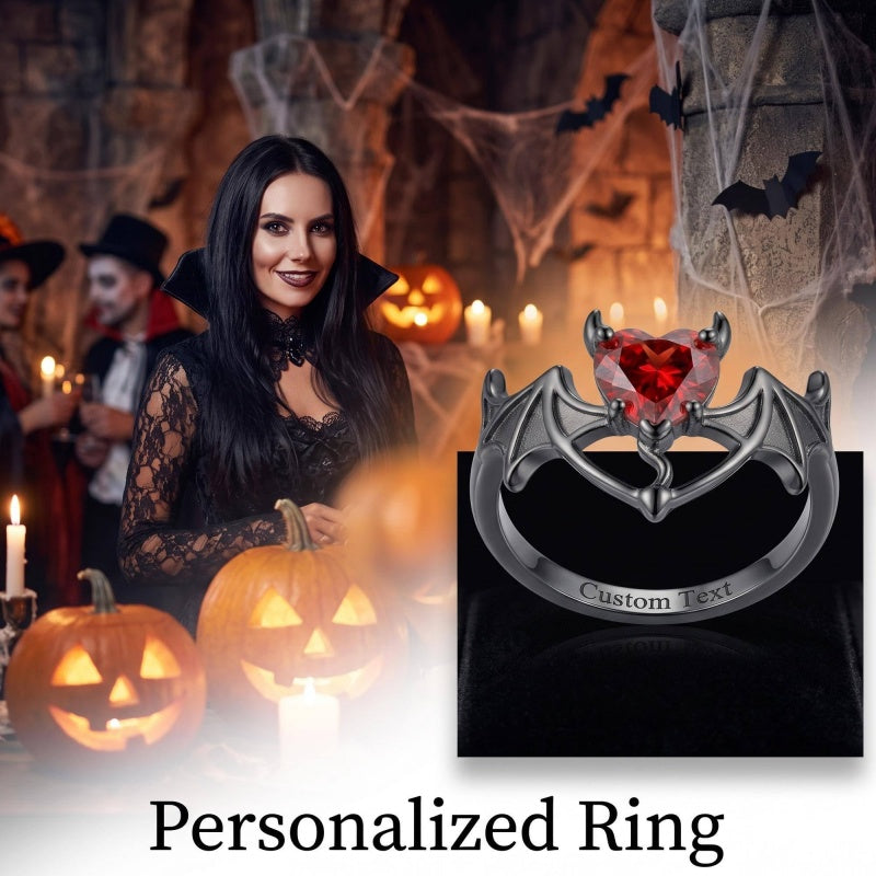 Sterling Silver Personalized Birthstone Punk Skull Bat Snake Ring Goth Jewelry for Halloween Birthday