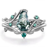 Sterling Silver 2CT Moss Agate  Engagement Wedding Ring Sets for Women