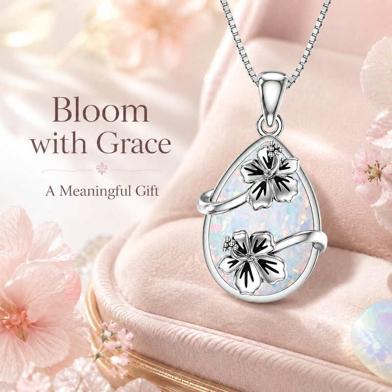 14K  White Gold Plated White Opal Flower Pendant Necklace Birthday Anniversary Jewelry Gifts for Women