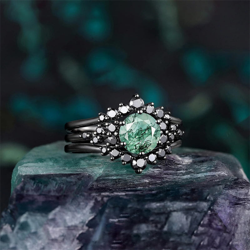 Sterling Silver 10K 14K 18K Gold 2CT Moss Agate Vine Leaf Women's Bridal Ring Sets for Wedding Engagement