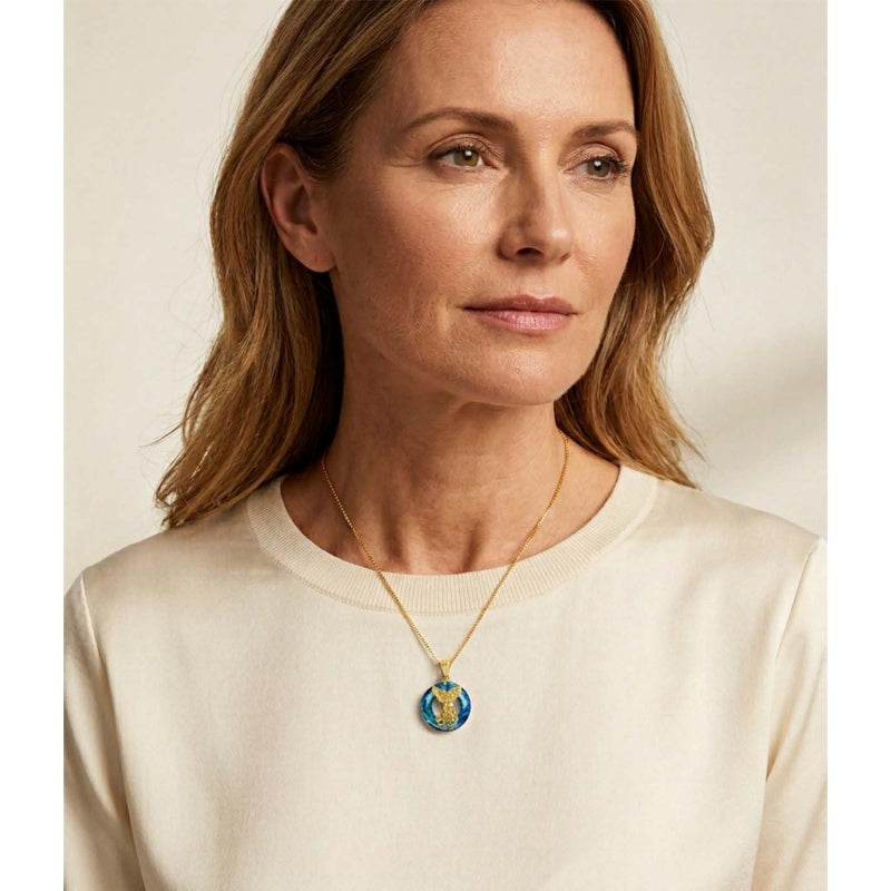 14K Gold Plated Blue Crystal Saint Protection Pendant Necklace Amulet Baptism Gift
