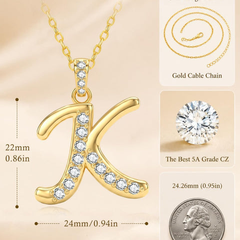Cubic Zircon 14K Gold Plated Initial Letter A-Z Pendant Necklace