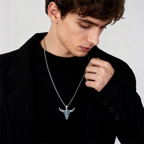 Sterling Silver Turquoise Cow Skull Pendant Necklace