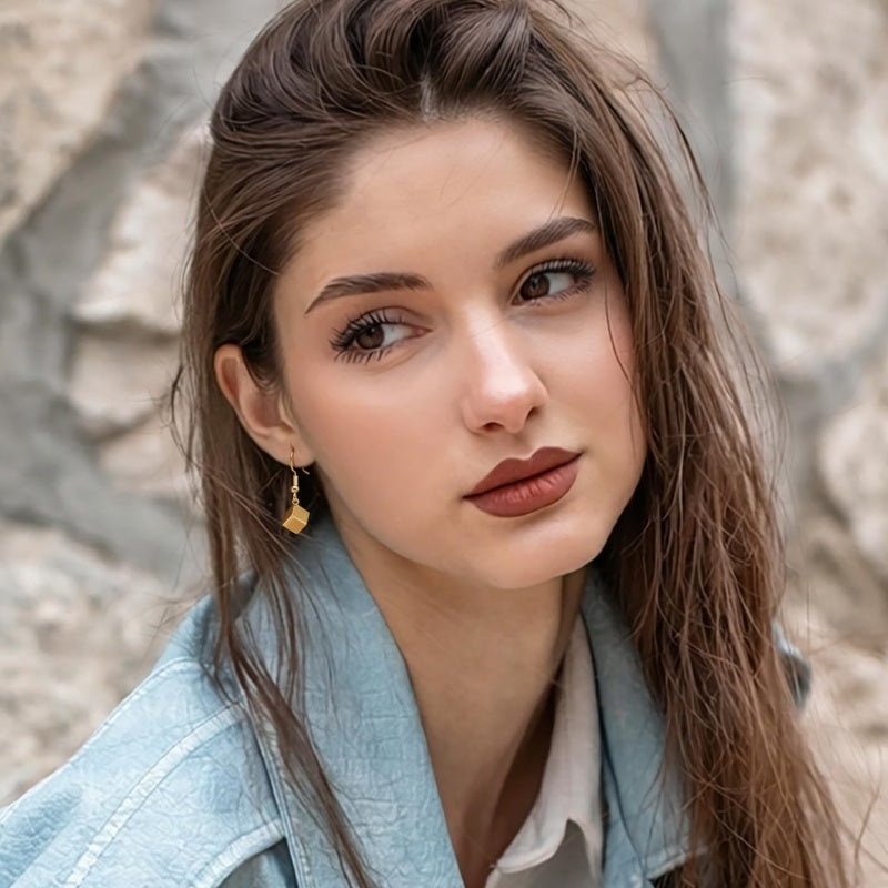 14K Gold Plated Cube Design with French Hook Drop Earring for Women