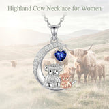 Sterling Silver Round Heart Birthstone Highland Cow Pendant Necklace Fluffy Cow Jewelry Gifts Birthday Christmas