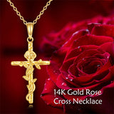 Cross Necklace Yellow Gold Rose Flower Cross Necklace 14k Gold Religious Cross Pendant Chain Fine Gold Cross Necklace Jewelry Gifts for Women Girls